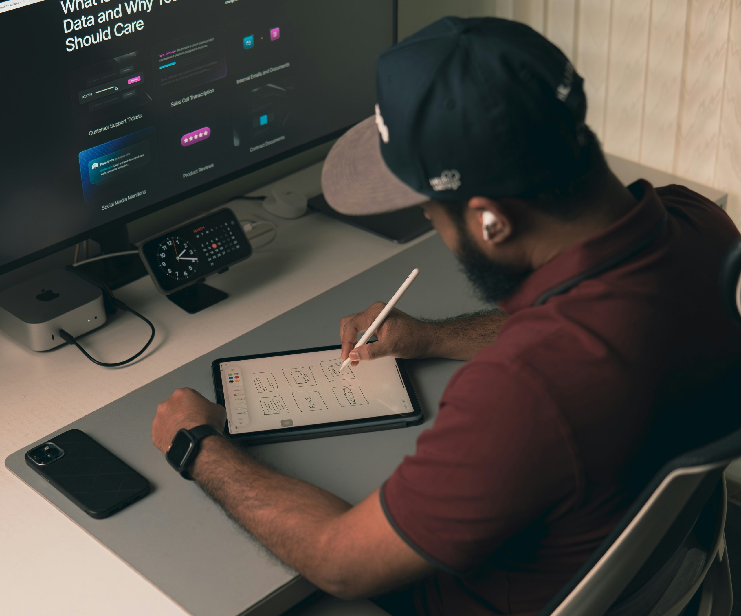 Designer sketching website wireframes during a web design project